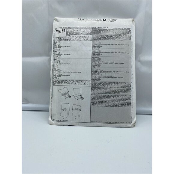 McCall's M6175 Sewing Pattern Handbag Tote Bag Purse Fashion Accessories Uncut - Picture 2 of 4